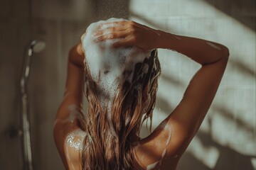 Woman with long hair washing her head in the bathroom, back view, shampoo foam on top of his hairs.