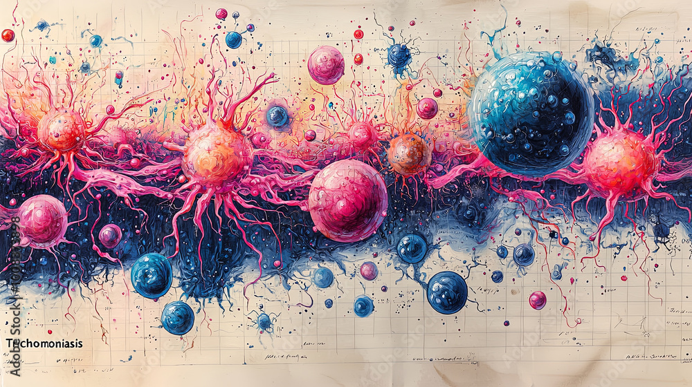 Poster abstract representation of trichomoniasis with colorful spheres and textures