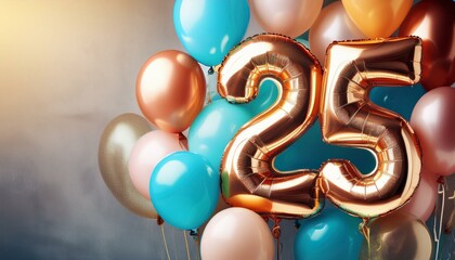 Banner with number 25 colorful balloons with copy space