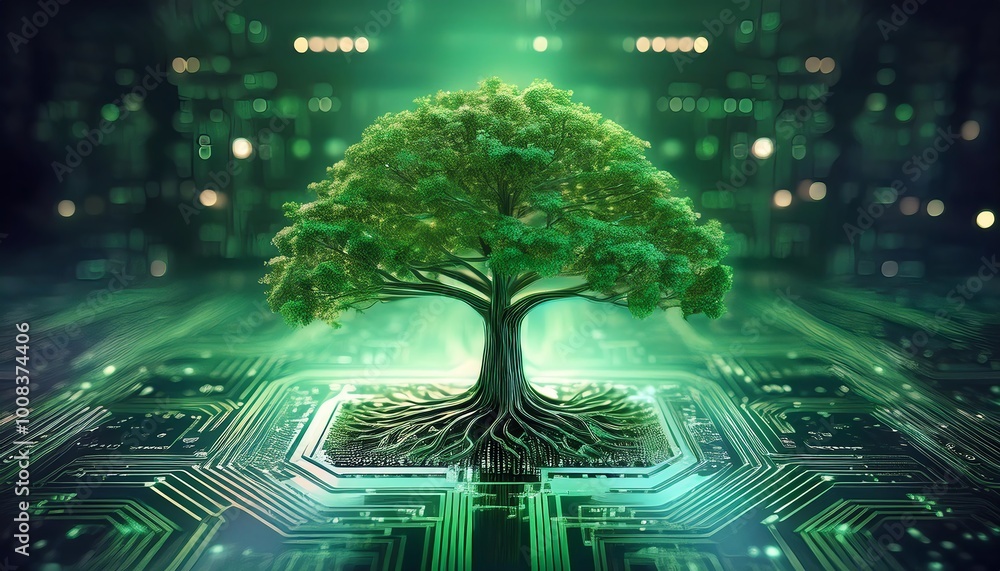 Poster a futuristic tree emerges from a circuit board, symbolizing the fusion of nature and technology in a