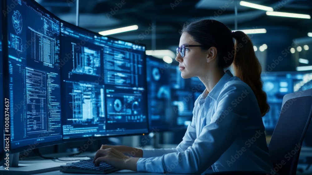 Poster focused female programmer working with multiple screens