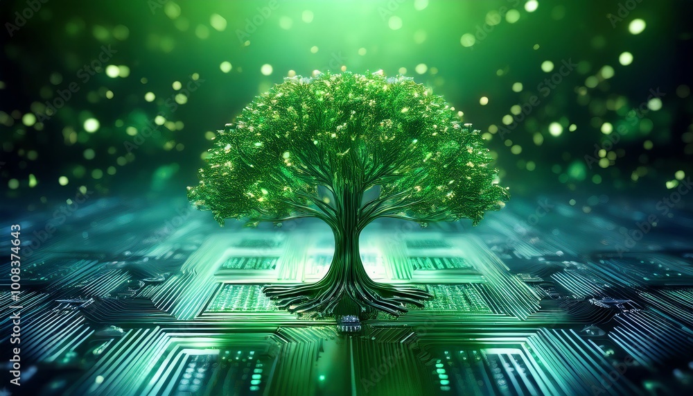 Poster a futuristic tree grows from a circuit board, symbolizing the intersection of nature and technology 