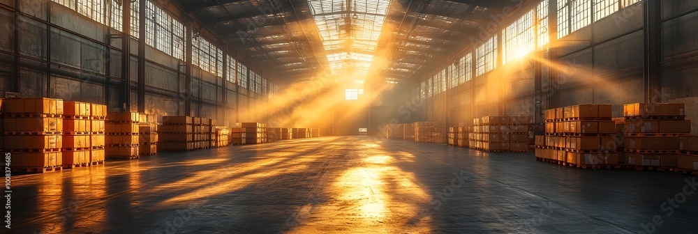 Poster expansive and cavernous warehouse interior with stacked crates,pallets,and beams of warm sunlight st