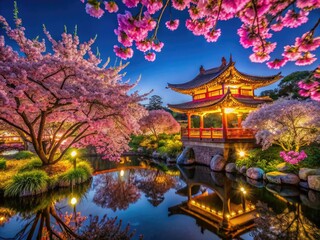 Obraz premium Blooming Cherry Blossoms in Springtime at a Scenic Chinese Garden Surrounded by Nature's Beauty