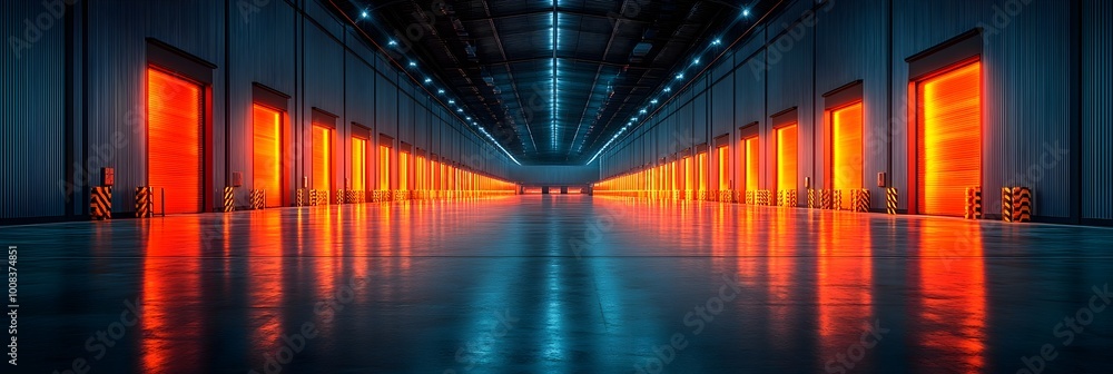 Poster expansive and futuristic tunnel-like interior space with symmetrical architectural design,vibrant ne