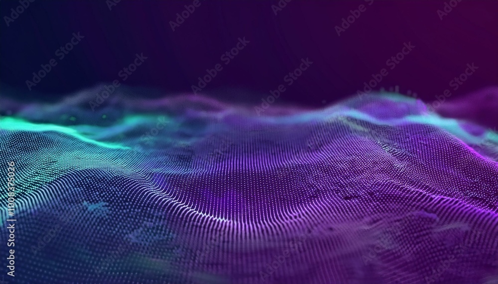 Poster Futuristic 3d particles mesh array wave, sound flowing. 3d abstract digital technology background. Futuristic sci-fi user interface concept with gradient dots and lines.