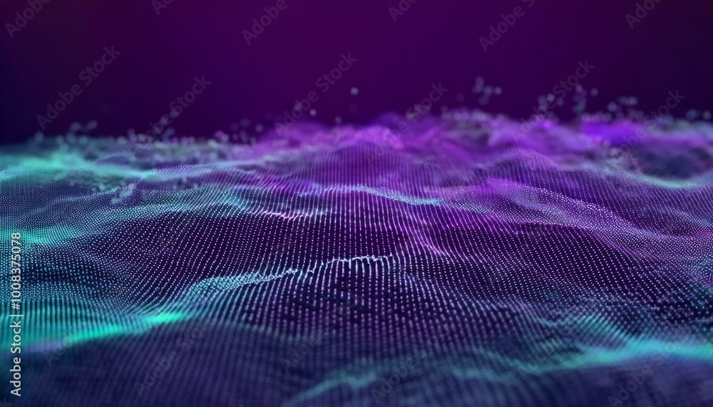 Poster Futuristic 3d particles mesh array wave, sound flowing. 3d abstract digital technology background. Futuristic sci-fi user interface concept with gradient dots and lines.