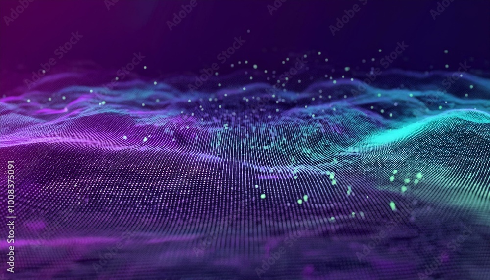 Poster Futuristic 3d particles mesh array wave, sound flowing. 3d abstract digital technology background. Futuristic sci-fi user interface concept with gradient dots and lines.