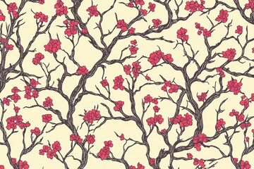 Blossoming branches pattern with red flowers on beige background