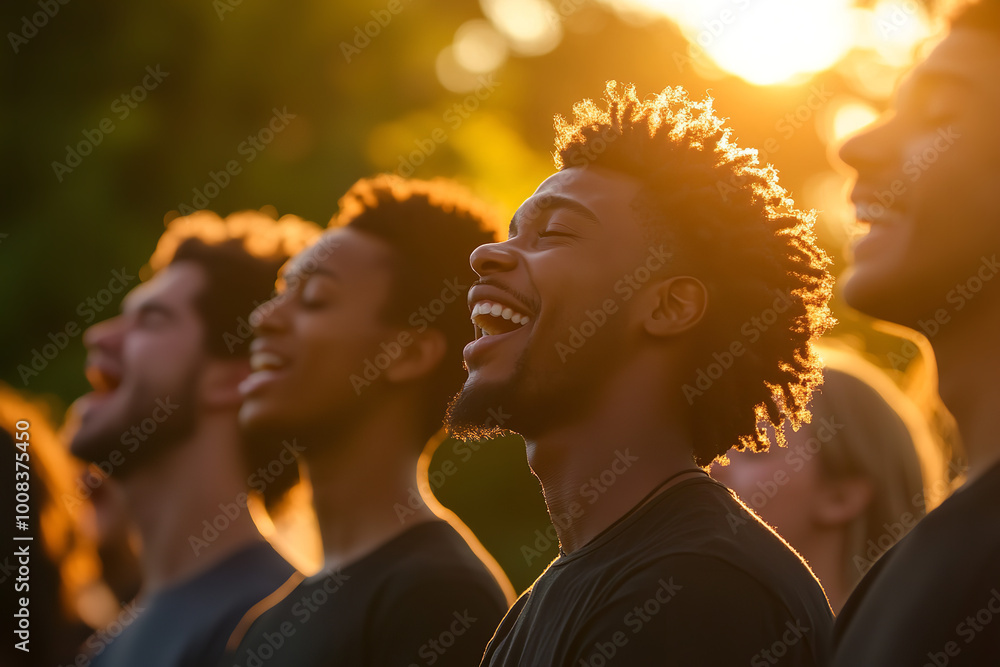 Sticker Joyful Multicultural Community Choir Singing Outdoors at Sunset  