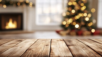 Christmas tree on a rustic wooden floor and table background in a cozy interior room