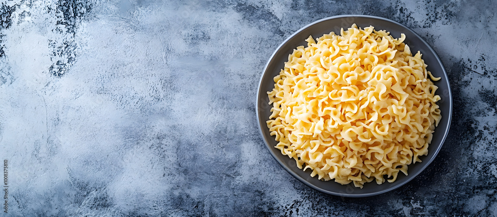 Poster top down view of a uncooked spaetzle noodle on a grey backdrop with copy space image