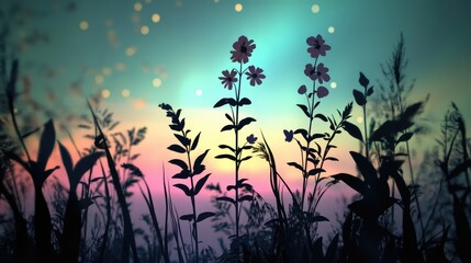 The enchanting silhouette of flowers and plants illuminated by the northern lights, showcasing a captivating focal point of light in the night sky.