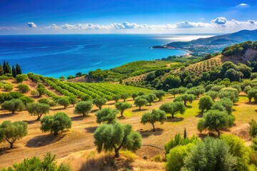 Fototapeta premium Breathtaking Mediterranean Landscape Featuring Rolling Hills, Olive Trees, and Azure Blue Sea Horizon