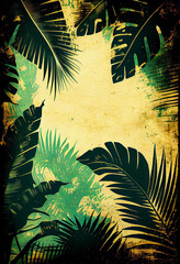 Tropical grunge background featuring palm leaves, ideal for travel or vacation-themed design projects. Image evokes sense of adventure and can be used in marketing materials or social media graphics