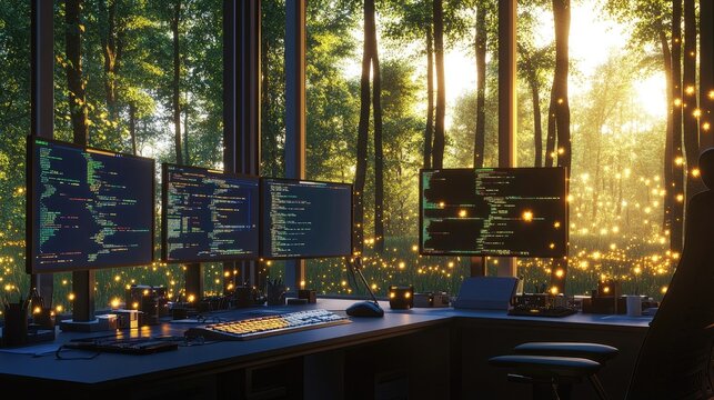 A modern codera??s desk with multiple monitors, a window view of a forest with digital fireflies, and the focused tapping of keys to the beat of lo-fi hip-hop.