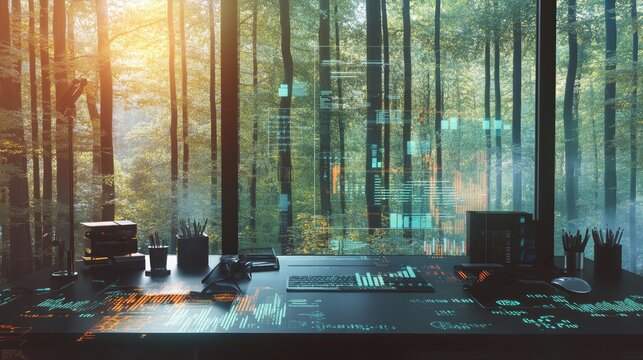 A modern digital marketera??s desk with analytics and campaigns, a window view of a forest with a digital overlay of data, and the focused energy of motivational lo-fi hip-hop.