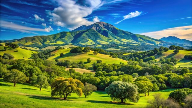 Breathtaking View of Mount Diablo Under Clear Blue Sky with Lush Greenery and Scenic Landscape