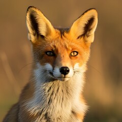 A close-up portrait of a fox, with its ears perked and its gaze fixed on something in the distance