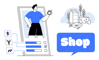 A man stands inside a mobile device frame, checking product options for clothing and fitness equipment. On the right, groceries including milk, cheese, fish, and wheat are displayed with a Shop text