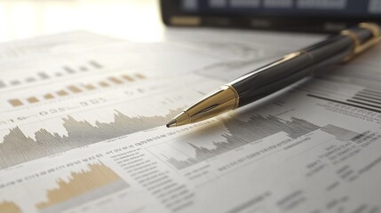 Business Document with Pen and Financial Charts