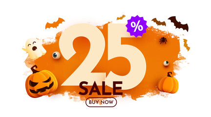 25 percent off. Halloween sale banner template. Podium and numbers with amount of discount. Special October offer. Vector illustration.