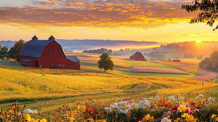 Serene rural landscape at sunrise with red barns, blooming wildflowers, and rolling hills under a colorful sky