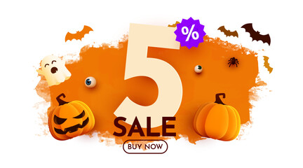 5 percent off. Halloween sale banner template. Podium and numbers with amount of discount. Special October offer. Vector illustration.
