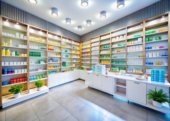 Bright and Welcoming Pharmacy Interior with Shelves Full of Medicines and Health Care Products