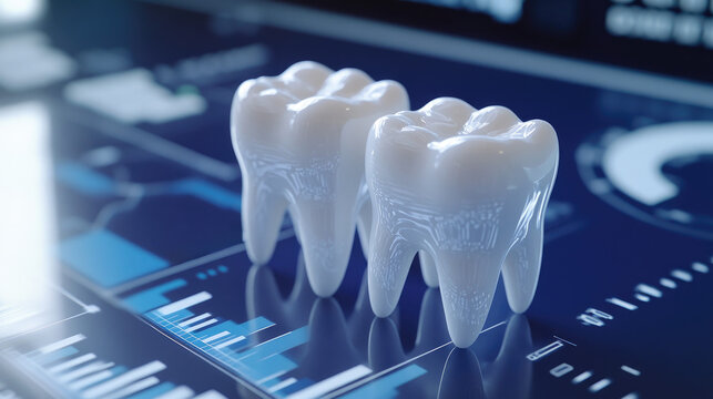 Two model teeth displayed on market research and statistical documents symbolize dental health and industry analysis