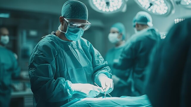 Surgeon working during an operation in a sterile environment.
