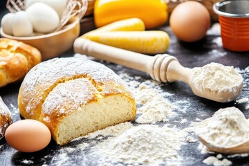 Fototapeta premium Freshly baked bread with ingredients on kitchen table