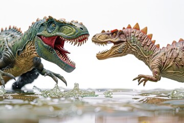 Fototapeta premium Two dinosaurs are fighting on a white background