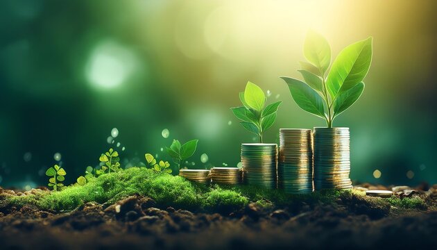 A stack of coins surrounded by fresh green plants symbolizes growth, prosperity, and the connection between nature and finance.