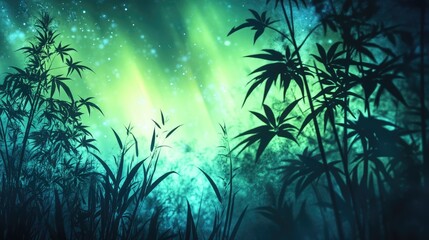 The stunning silhouettes of plants illuminated by the northern lights, where the focal point of light enhances the magical ambiance of the scene.