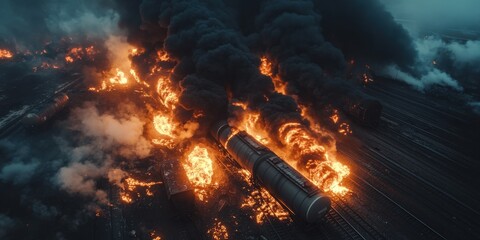 Train Derailment with Flames and Smoke, Aerial Disaster Scene