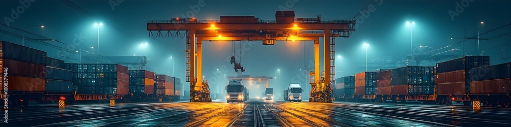 Poster illuminated logistics hub:panoramic view of efficient cargo handling and transportation at night. th
