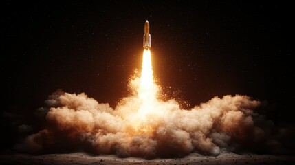 Epic Lunar Takeoff: Rocket Launch in Mystical Landscape with Deep Shadows and Celestial Wonders