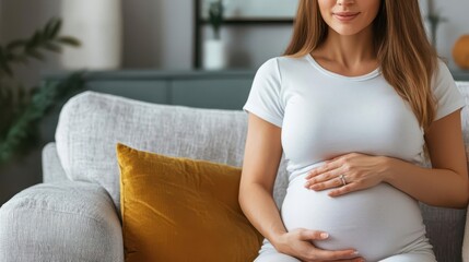 Pregnant woman sitting on cozy sofa