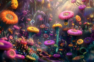 A vibrant fantasy forest filled with colorful, oversized flowers.