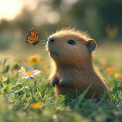 Fototapeta premium A curious capybara gazes at a butterfly in a sunlit meadow, surrounded by vibrant flowers and green grass.