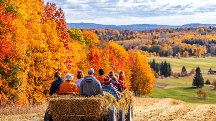 Family and friends enjoying a hayride in vibrant autumn foliage, showcasing colorful trees in a countryside setting