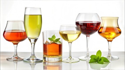 Assortment of colorful cocktails and beverages in elegant glassware on white background

