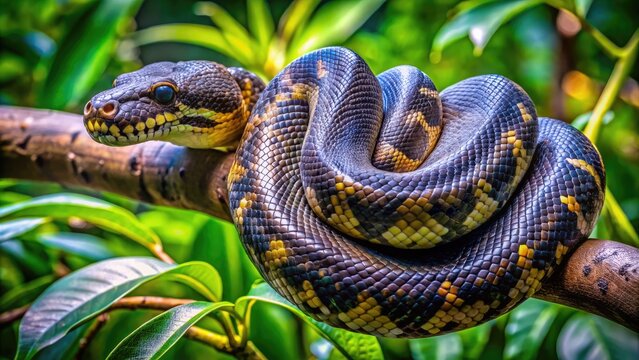 Captivating Black Headed Python Resting on a Branch Surrounded by Lush Green Foliage in Nature