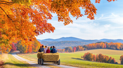 Group of people enjoying a autumn hayride through colorful fall foliage along a rural road with mountains in the background