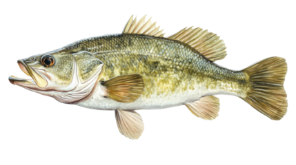 High-resolution Largemouth Bass PNG isolated on a transparent background, perfect for fishing websites