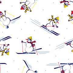 Cartoon Snowman skiing in ski goggles. Seamless pattern. Vector illustration.