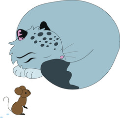 A cute wild cat, Pallas's cat, is fast asleep, curled up in a ball, and a little mouse is looking at him, stock vector, cartoon