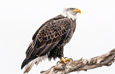 Fototapeta premium A bald eagle perched on driftwood is isolated against a white background, showing the eagle in full length.