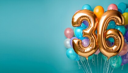Banner with number 36 colorful balloons with copy space